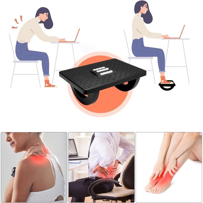 Suport pentru Picioare cu Rolă de Masaj, Ergonomic, pentru Birou, cu Inclinare Reglabila, Negru