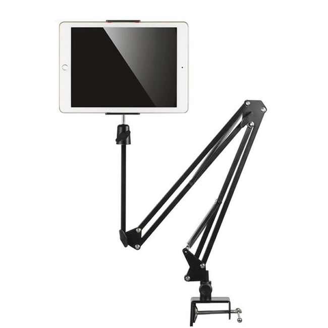 Suport reglabil pentru birou, compatibil cu telefoane si tablete de 4”–11”, brate extensibile, cap rotativ 360°, design compact - negru