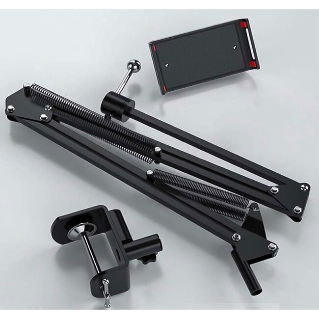 Suport reglabil pentru birou, compatibil cu telefoane si tablete de 4”–11”, brate extensibile, cap rotativ 360°, design compact - negru