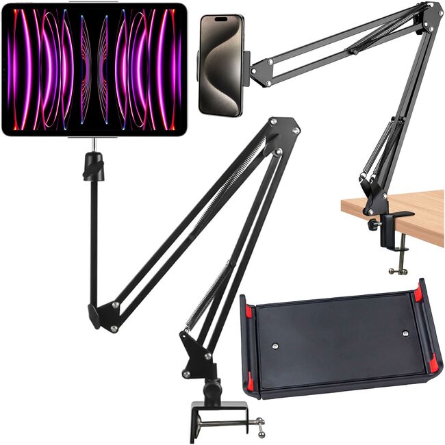 Suport reglabil pentru birou, compatibil cu telefoane si tablete de 4”–11”, brate extensibile, cap rotativ 360°, design compact - negru