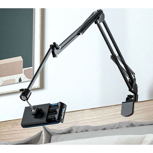 Suport reglabil pentru birou, compatibil cu telefoane si tablete de 4”–11”, brate extensibile, cap rotativ 360°, design compact - negru