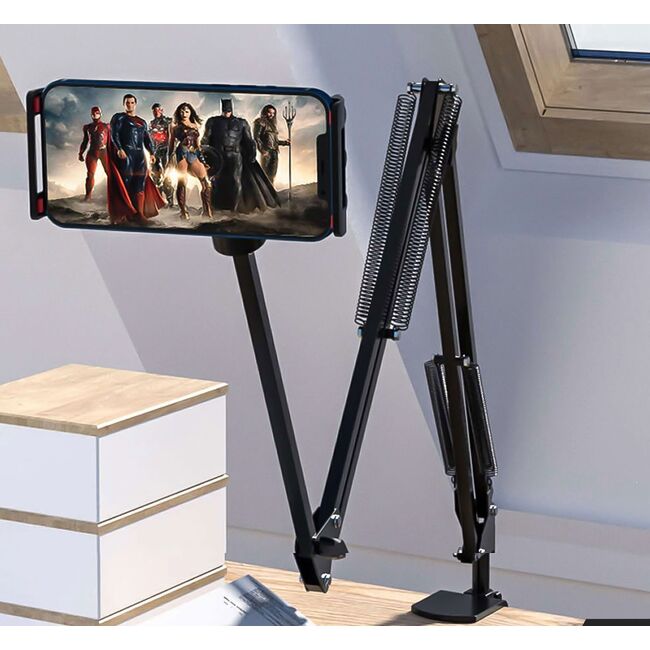 Suport reglabil pentru birou, compatibil cu telefoane si tablete de 4”–11”, brate extensibile, cap rotativ 360°, design compact - negru