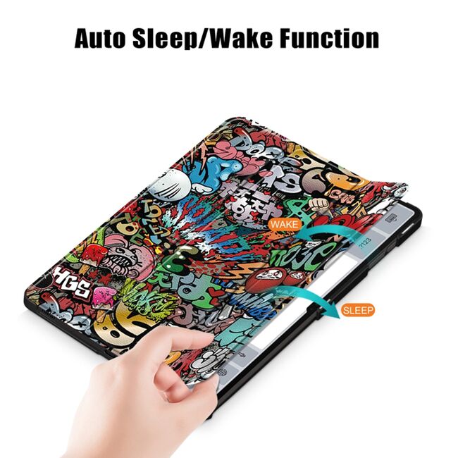 Husa pentru Samsung Galaxy Tab S10 FE 10.9 inch tip stand functie sleep/wake-up, protectie 360 - graffiti