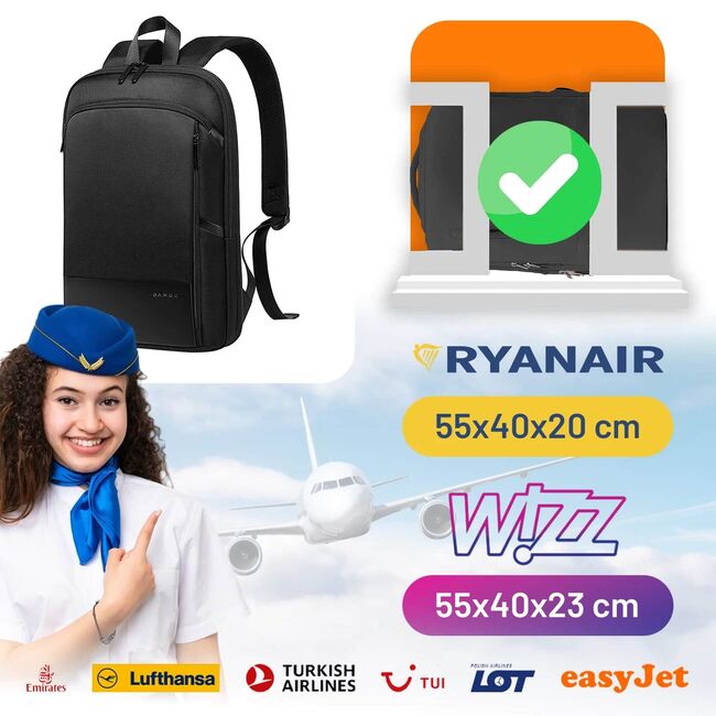 Rucsac Laptop pana la 15.6” Extensibil, 14–28L – Impermeabil, Compartiment Tip Valiză, Ideal pentru Avion, serviciu și calatorii, negru