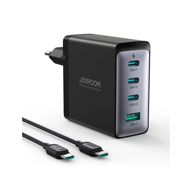 Incarcator GaN 3 x USB Type-C, 1 x USB, Super Fast Charge JoyRoom, 100W + cablu USB-C la USB-C 1.2m JR-TCG04