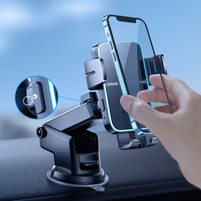 Suport Auto cu incarcare Wireless Fast Charge – Montare pe parbriz sau bord, brat telescopic, Deschidere Automată, 15W, Negru