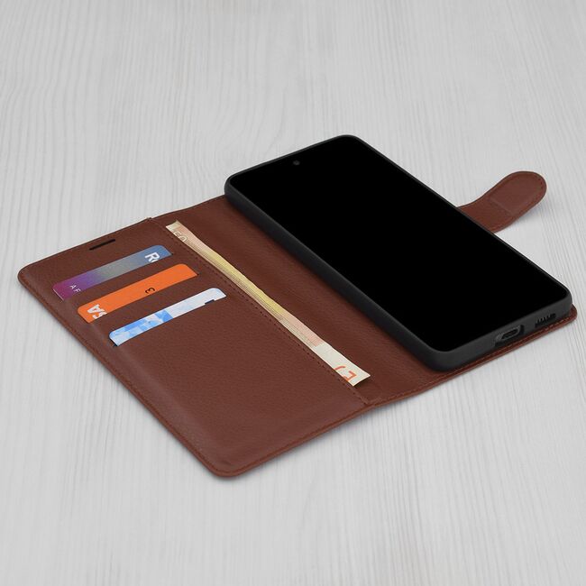 Husa pentru  Nothing Phone (3a) tip carte cu inchidere magnetica, compartimente pentru carduri si functie stand, Maro