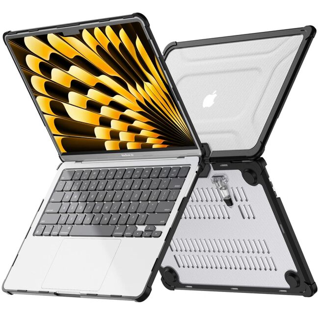 Carcasa pentru MacBook Air 13 2025 / 2024 / 2022 M4, M3, M2 ProShield Ergonomic cu suport integrat - stil elegant si confort la tastare - transparent / negru