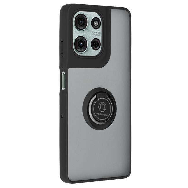 Husa de protectie pentru Moto G75 premium cu inel stand rotativ, suport magnetic si bumper anti-alunecare - Negru