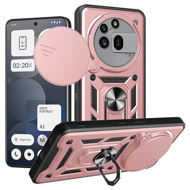 Husa pentru  Nothing Phone (3a) Pro Ring Armor Kickstand Tough Rugged Cover cu protectie camera, Roz