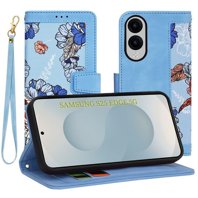 Husa tip carte pentru  Samsung Galaxy S25 Edge, functie stand si port carduri, Albastru