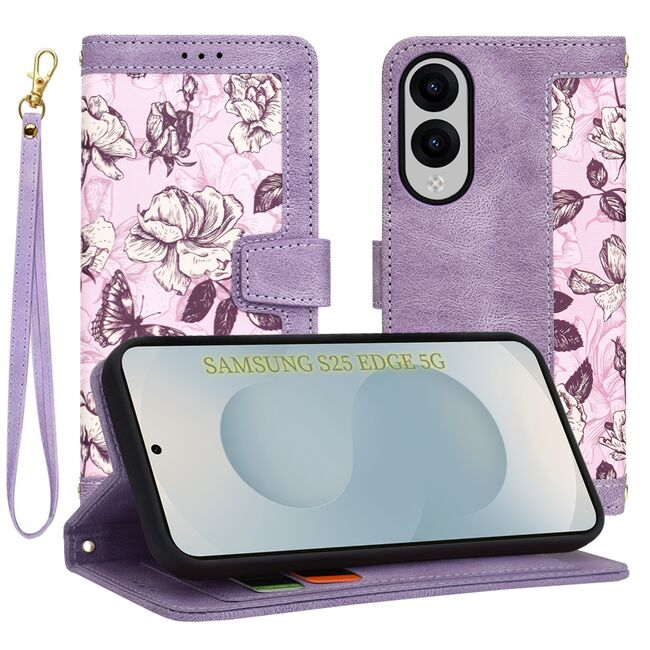 Husa tip carte pentru  Samsung Galaxy S25 Edge, functie stand si port carduri, Mov