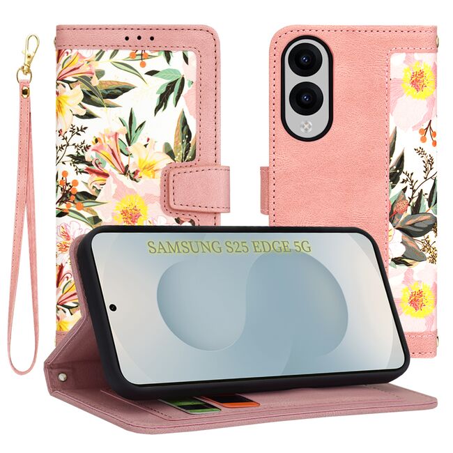Husa tip carte pentru  Samsung Galaxy S25 Edge, functie stand si port carduri, Roz