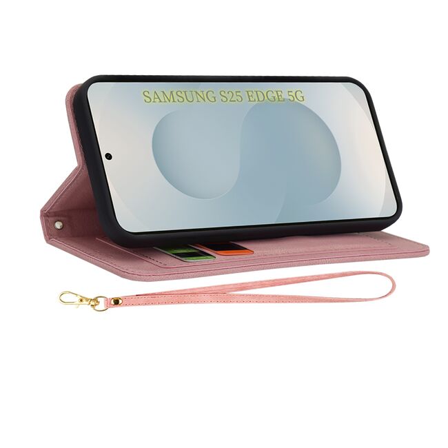 Husa tip carte pentru  Samsung Galaxy S25 Edge, functie stand si port carduri, Roz
