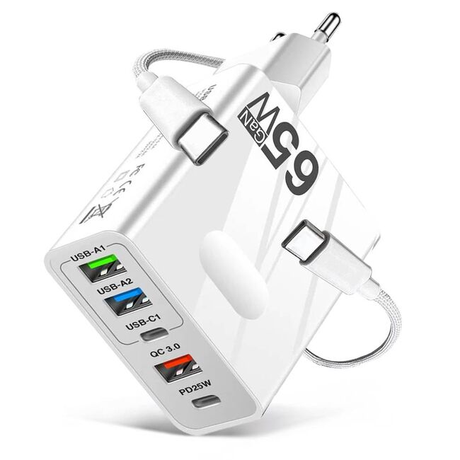 Set Incarcator priza 65W Fast Charge cu 5 porturi, 3 x USB 3.0, 2 x USB Type C, compatibil telefoane si tablete + cablu incarcare USB Type-C la USB Type-C 1m, alb