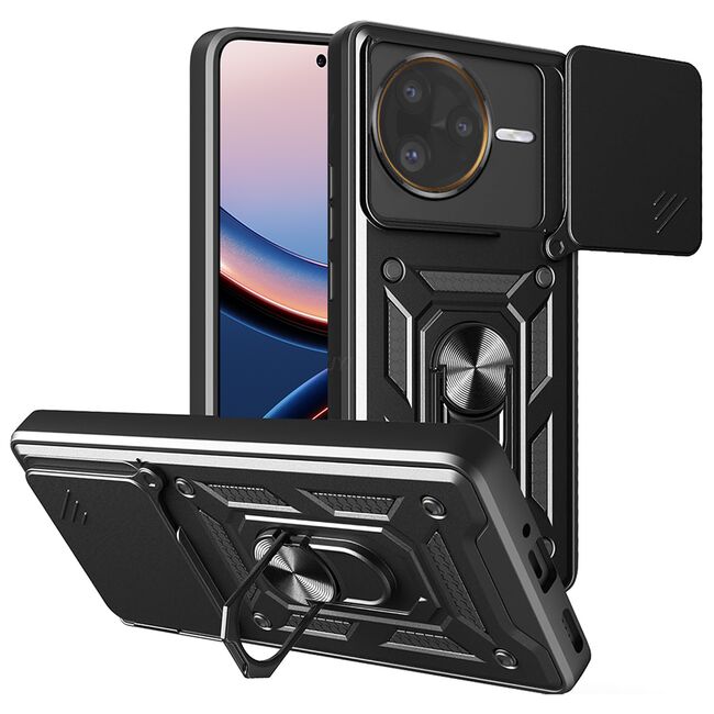 Husa pentru  Poco F7 Ultra Ring Armor Kickstand Tough Rugged Cover cu protectie camera, Negru