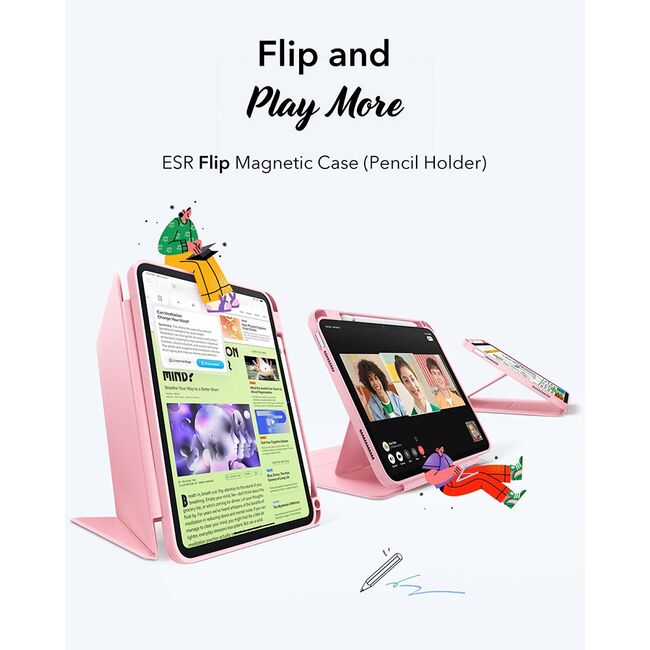 Husa pentru iPad 11 2025 ESR - Flip Hybrid Folio cu functie sleep / wake-up, tip stand si slot pentru stylus - Roz