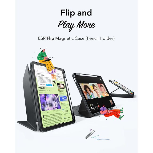 Husa pentru iPad Air 11 2024 / 2025​ M2, M3 ESR - Flip Hybrid Folio cu functie sleep / wake-up, tip stand si slot pentru stylus - Negru
