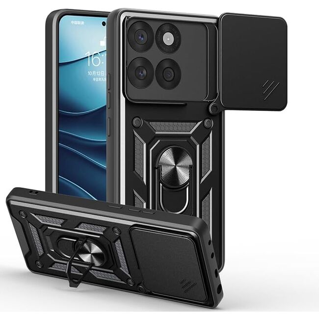 Husa pentru  Motorola Edge 60 Fusion Ring Armor Kickstand Tough Rugged Cover cu protectie camera, Negru
