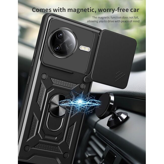 Husa pentru  Poco F7 Ultra Ring Armor Kickstand Tough Rugged Cover cu protectie camera, Negru