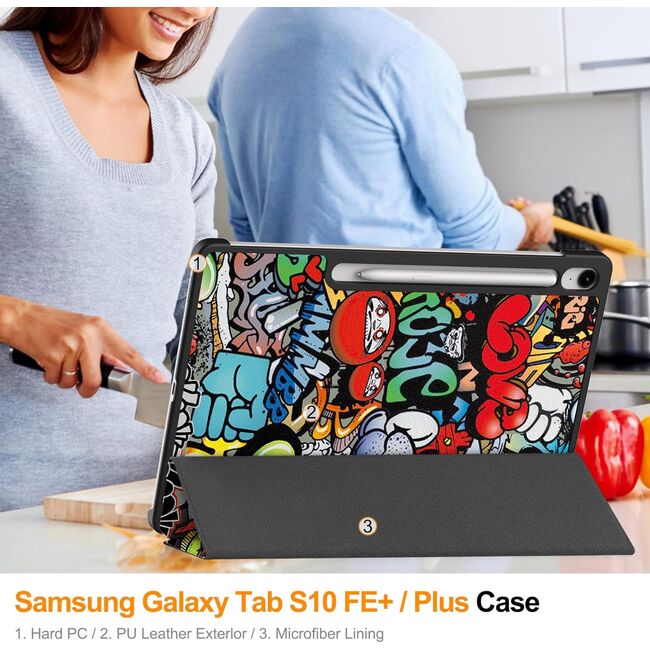 Husa pentru  Samsung Galaxy Tab S10 FE+ Plus 13.1 inch tip stand functie sleep/wake-up, protectie 360 - Graffiti