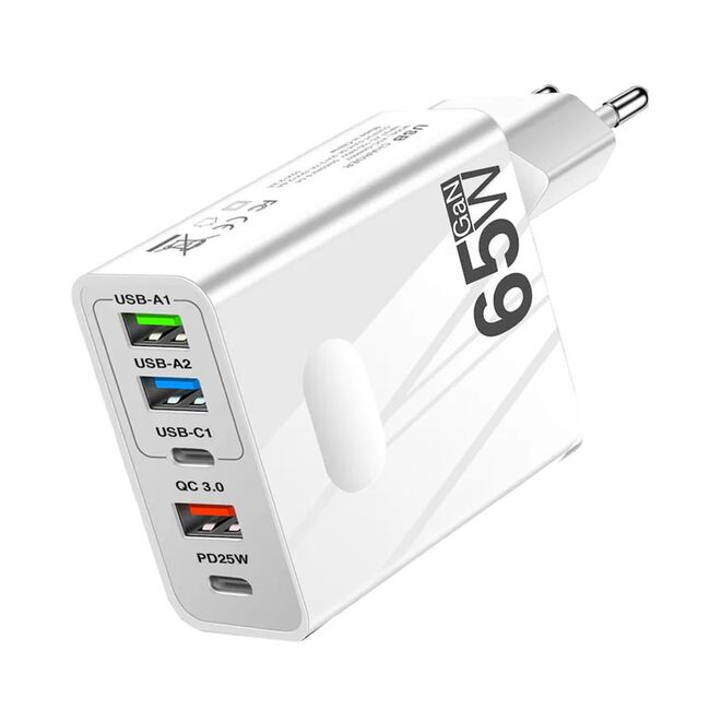 Set Incarcator priza 65W Fast Charge cu 5 porturi, 3 x USB 3.0, 2 x USB Type C, compatibil telefoane si tablete + cablu incarcare USB Type-C la USB Type-C 1m, alb