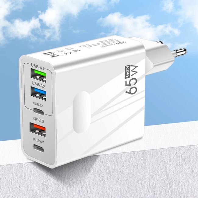 Set Incarcator priza 65W Fast Charge cu 5 porturi, 3 x USB 3.0, 2 x USB Type C, compatibil telefoane si tablete + cablu incarcare USB Type-C la USB Type-C 1m, alb