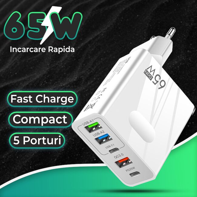 Set Incarcator priza 65W Fast Charge cu 5 porturi, 3 x USB 3.0, 2 x USB Type C, compatibil telefoane si tablete + cablu incarcare USB Type-C la USB Type-C 1m, alb