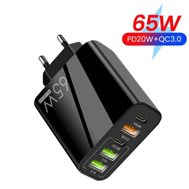 Set Incarcator priza 65W Fast Charge cu 5 porturi VPower, 3 x USB 3.0 QC 3.0,, 2 x USB Type C PD 20W, compatibil telefoane si tablete + cablu incarcare USB Type-C la USB Type-C 1m, negru