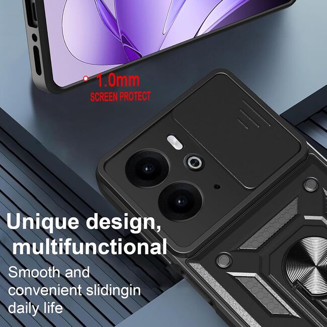 Husa pentru  Realme 14 / 14T Ring Armor Kickstand Tough Rugged Cover cu protectie camera, Negru