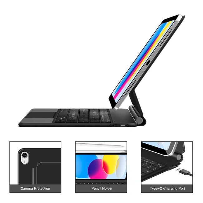 Husa Premium Magnetica pentru iPad 11 2025 3-în-1 cu Tastatura Iluminata RGB si Touchpad - Smart Business – transforma tableta intr-un laptop elegant - negru