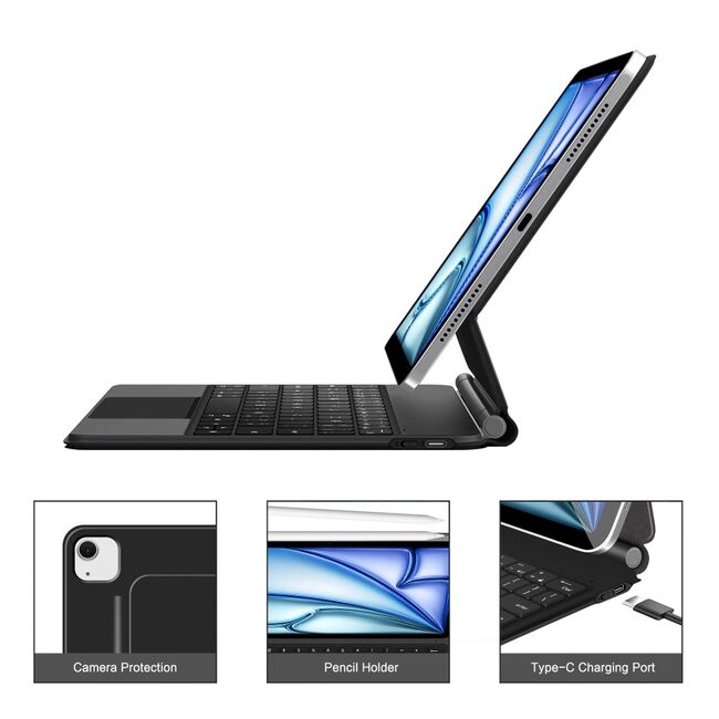 Husa Premium Magnetica pentru iPad Air 11 2024 / 2025​ M2, M3 3-în-1 cu Tastatura Iluminata RGB si Touchpad - Smart Business – transforma tableta intr-un laptop elegant - negru