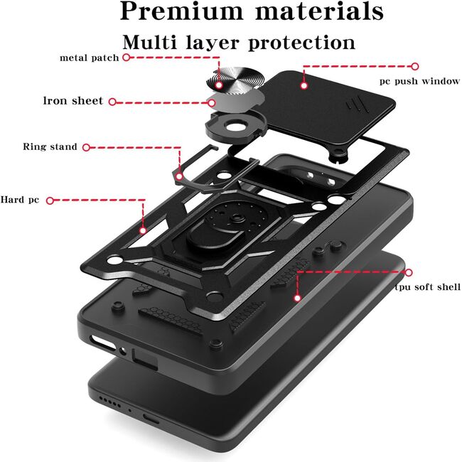 Husa pentru  Poco M7 Pro 5G Ring Armor Kickstand Tough Rugged Cover cu protectie camera, Negru