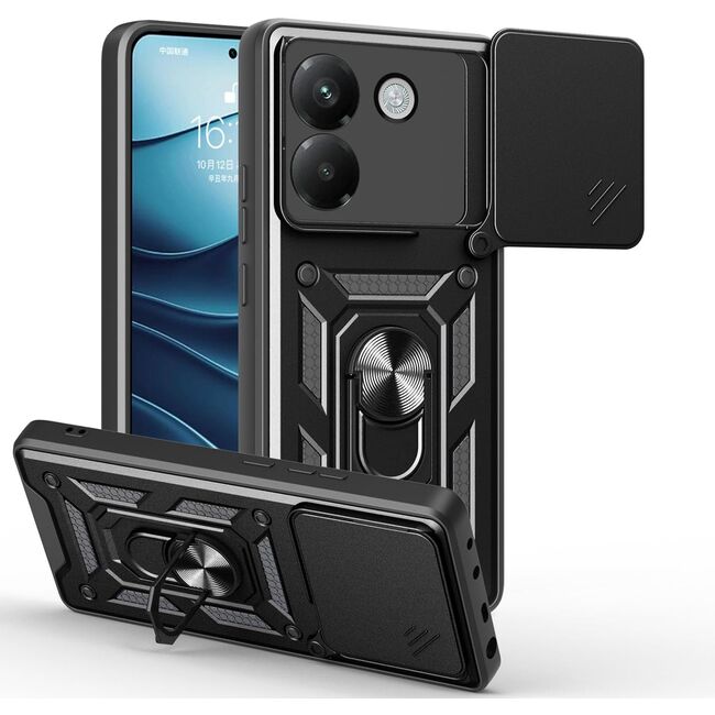 Husa pentru  Poco M7 Pro 5G Ring Armor Kickstand Tough Rugged Cover cu protectie camera, Negru