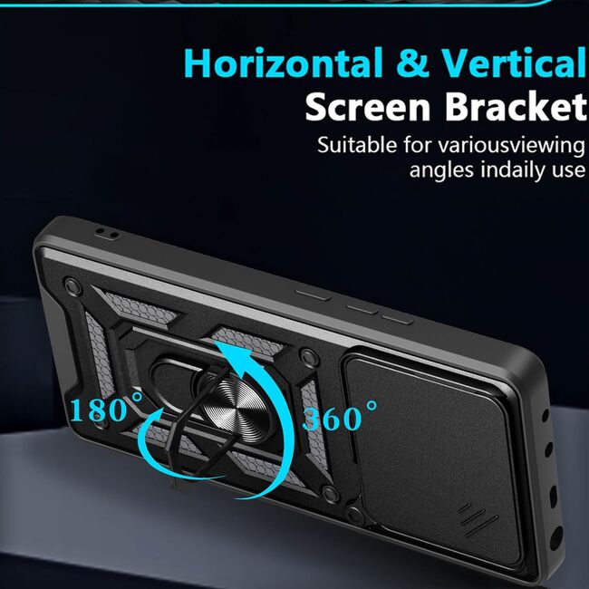 Husa pentru  Poco M7 Pro 5G Ring Armor Kickstand Tough Rugged Cover cu protectie camera, Negru