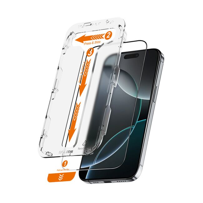 Set 2 x Folie din Sticla pentru iPhone 16 Pro Max, Easy-App cu aplicator, instalare usoara si automata, Dust-Free, 3D, 9H, full cover, full glue, margini negre
