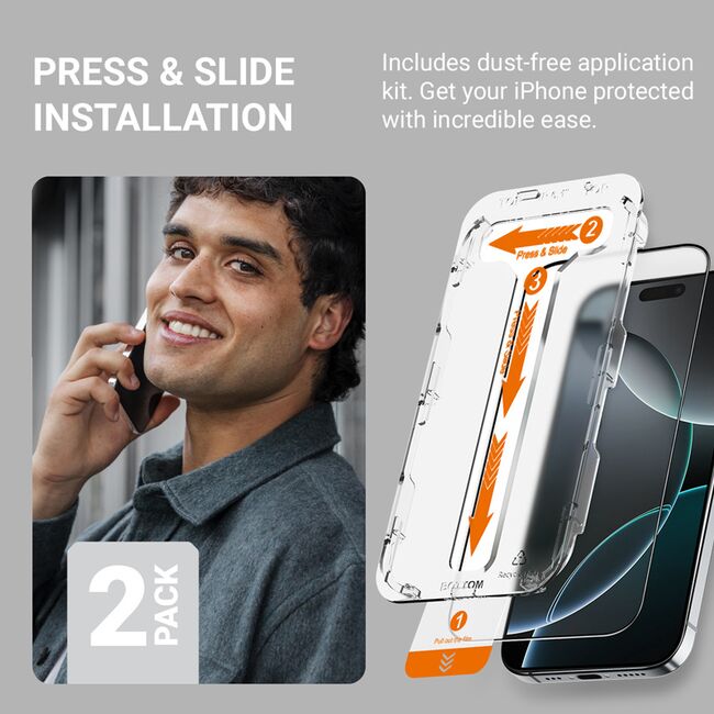 Set 2 x Folie din Sticla pentru iPhone 16 Pro Max, Easy-App cu aplicator, instalare usoara si automata, Dust-Free, 3D, 9H, full cover, full glue, margini negre