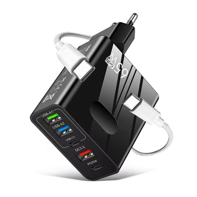 Set Incarcator priza 65W Fast Charge cu 5 porturi, 3 x USB 3.0, 2 x USB Type C, compatibil telefoane si tablete + cablu incarcare USB Type-C la USB Type-C 1m, negru