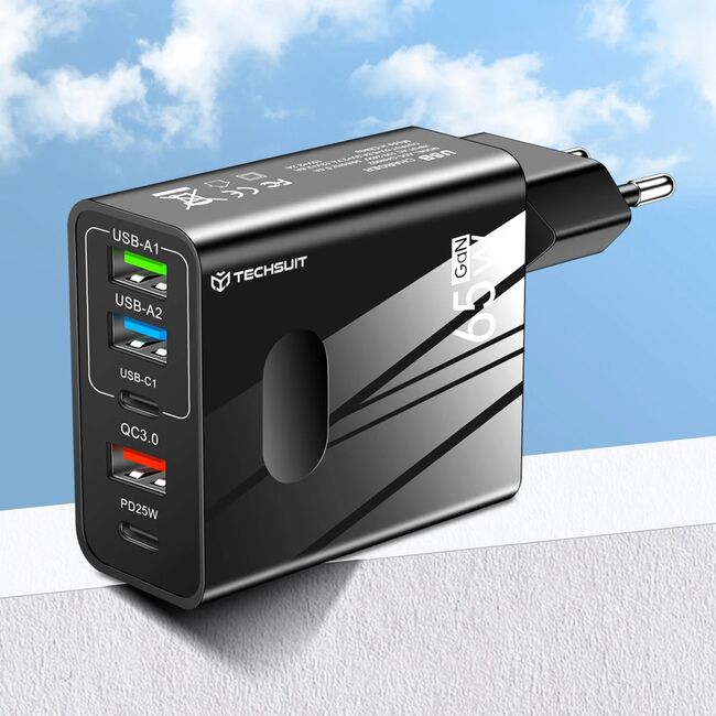 Set Incarcator priza 65W Fast Charge cu 5 porturi, 3 x USB 3.0, 2 x USB Type C, compatibil telefoane si tablete + cablu incarcare USB Type-C la USB Type-C 1m, negru