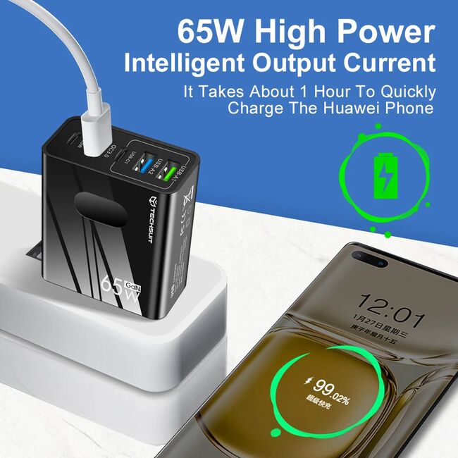 Set Incarcator priza 65W Fast Charge cu 5 porturi, 3 x USB 3.0, 2 x USB Type C, compatibil telefoane si tablete + cablu incarcare USB Type-C la USB Type-C 1m, negru