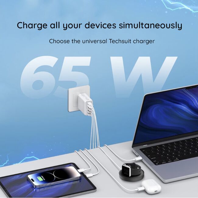 Set Incarcator priza 65W Fast Charge cu 5 porturi VPower, 3 x USB 3.0 QC 3.0,, 2 x USB Type C PD 20W, compatibil telefoane si tablete + cablu incarcare USB Type-C la USB Type-C 1m, alb