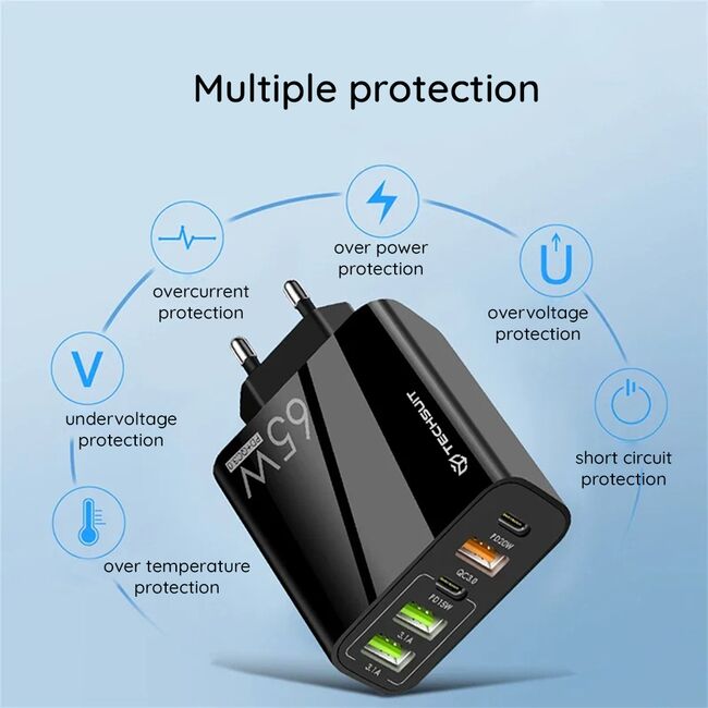 Set Incarcator priza 65W Fast Charge cu 5 porturi VPower, 3 x USB 3.0 QC 3.0,, 2 x USB Type C PD 20W, compatibil telefoane si tablete + cablu incarcare USB Type-C la USB Type-C 1m, alb
