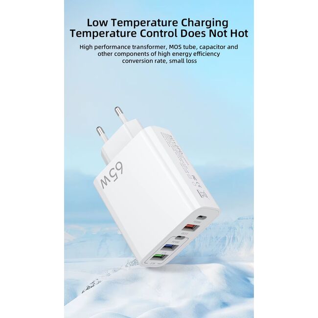 Set Incarcator priza 65W Fast Charge cu 5 porturi VPower, 3 x USB 3.0 QC 3.0,, 2 x USB Type C PD 20W, compatibil telefoane si tablete + cablu incarcare USB Type-C la USB Type-C 1m, alb