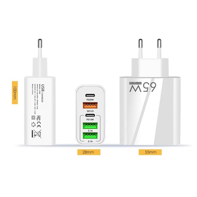 Set Incarcator priza 65W Fast Charge cu 5 porturi VPower, 3 x USB 3.0 QC 3.0,, 2 x USB Type C PD 20W, compatibil telefoane si tablete + cablu incarcare USB Type-C la USB Type-C 1m, alb