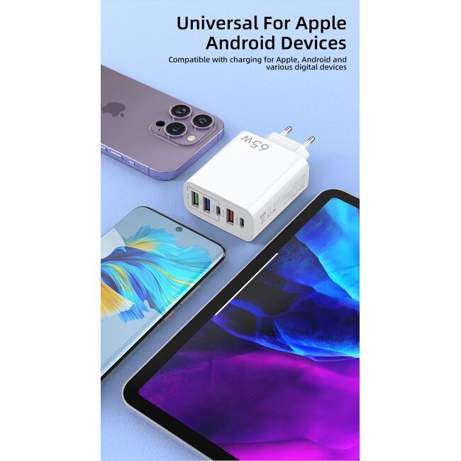 Set Incarcator priza 65W Fast Charge cu 5 porturi VPower, 3 x USB 3.0 QC 3.0,, 2 x USB Type C PD 20W, compatibil telefoane si tablete + cablu incarcare USB Type-C la USB Type-C 1m, alb