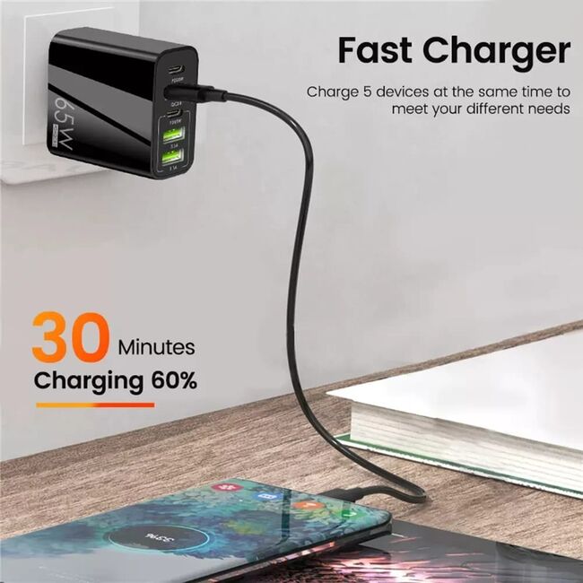 Set Incarcator priza 65W Fast Charge cu 5 porturi VPower, 3 x USB 3.0 QC 3.0,, 2 x USB Type C PD 20W, compatibil telefoane si tablete + cablu incarcare USB Type-C la USB Type-C 1m, alb