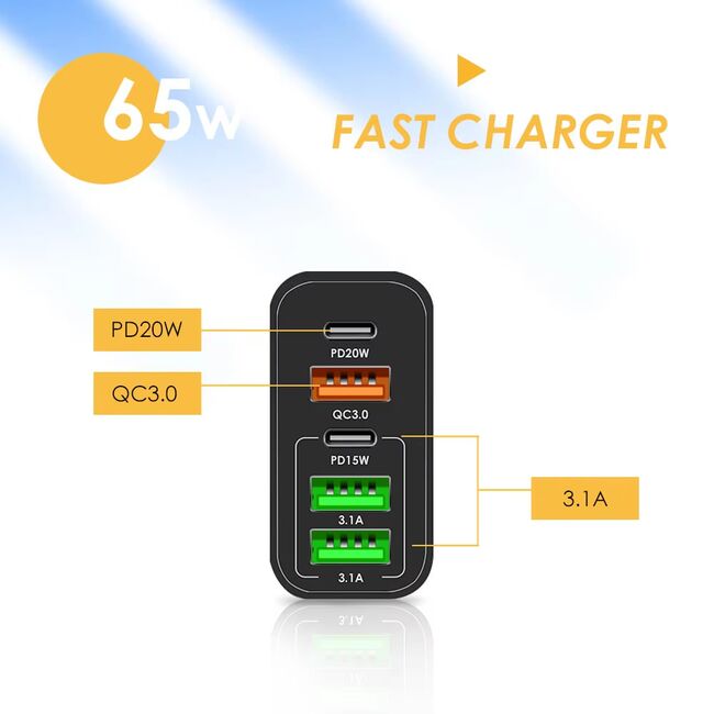 Set Incarcator priza 65W Fast Charge cu 5 porturi VPower, 3 x USB 3.0 QC 3.0,, 2 x USB Type C PD 20W, compatibil telefoane si tablete + cablu incarcare USB Type-C la USB Type-C 1m, alb