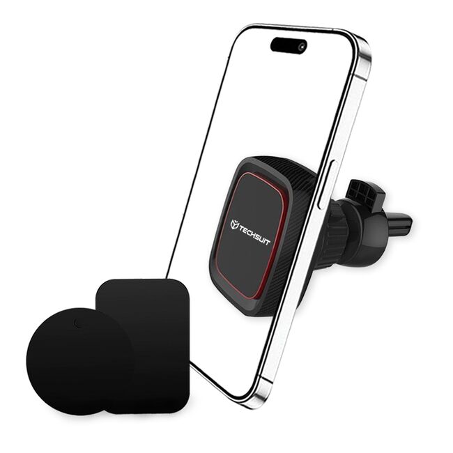 Suport Auto Magnetic pentru Grila de Ventilatie cu Placute Metalice - Techsuit MagGrip (S5) - Negru / Rosu