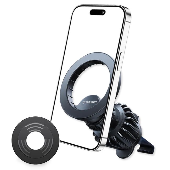 Suport Grila Ventilatie pentru Telefon, Magnet N52, Compatibil MagSafe + 2 Inele Metalice - Techsuit AirFix (S1) - Negru