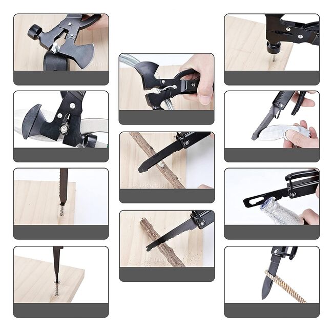 Unealta multifunctionala Multitool 17 în 1 Cu Topor, Ciocan, Clește, Cuțit + Husă inclusa – Supraviețuire, Camping, Reparații – Negru